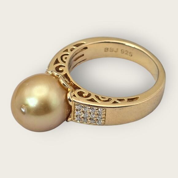 Golden Pearl and Diamond Accent Silver Ring BBJ 925 Size 9 Vintage Jewelry - Picture 3 of 10